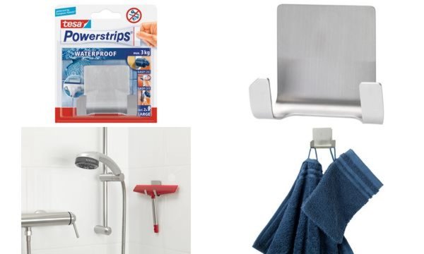 TESA Powerstrips Duo-Haken WAVE" WATERPROOF, aus Edelstahl zum Aufhängen von Ha