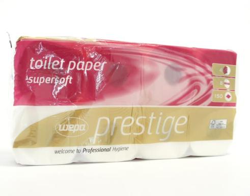 Toilettenpapier 4-lagig, 150 Blatt/Rolle, Zellstoff weiß | 72 Rollen/Sack 1 Sack = 9 Pack á 8 Rollen