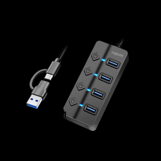 LogiLink USB 3.2 Hub, 4 Port, mit Ein-/Ausschalter, schwarz