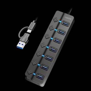 LogiLink USB 3.2 Hub, 7 Port, mit Ein-/Ausschalter, schwarz