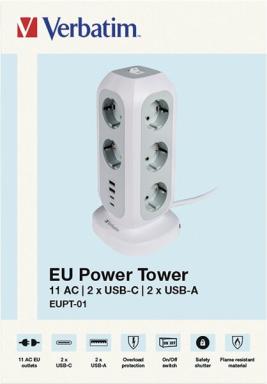 Steckdosenturm EUPT-01, weiß, 11x 230V EU, 2x USB Typ-A, 2x USB
