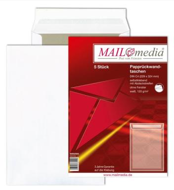 Versandtasche C4, Papprückwand, HK, 120 g/qm, weiß