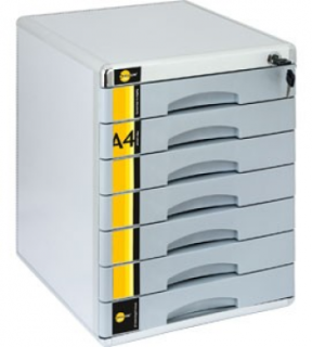 Hochwertige Schubladenbox / Ablagebox / Ordnungsbox / Dokumentenbox, passend für A4, abschließbar mit Schloss, mit 7 Fächern und Beschriftungsfeldern, aus Metall und Holz-Corpus, Farbe: silber/grau – 1 Stück