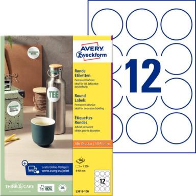 ZWECKFORM AVERY Etiketten rund, Durchmesser 60 mm, weiß Inhalt: 1200 Etiketten 