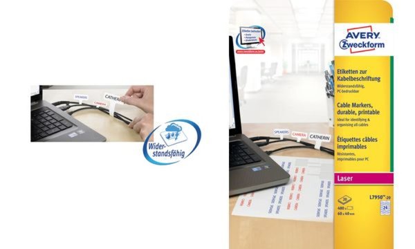 ZWECKFORM AVERY Kabel-Etiketten, 60 x 40 mm, weiß, Laser Polyester-Folie, für L