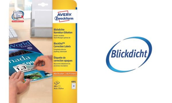 ZWECKFORM AVERY Korrektur-/Abdeck-Etiketten, 210 x 297 mm Inhalt: 25 Etiketten 