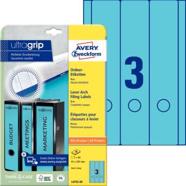ZWECKFORM AVERY Ordnerrücken-Etiketten, 61 x 297 mm, blau mit Griffloch (L4753-
