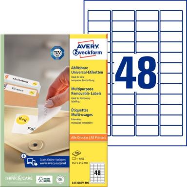 ZWECKFORM AVERY Universal-Etiketten, 45,7 x 21,2 mm, weiß wiederablösbar, mit u