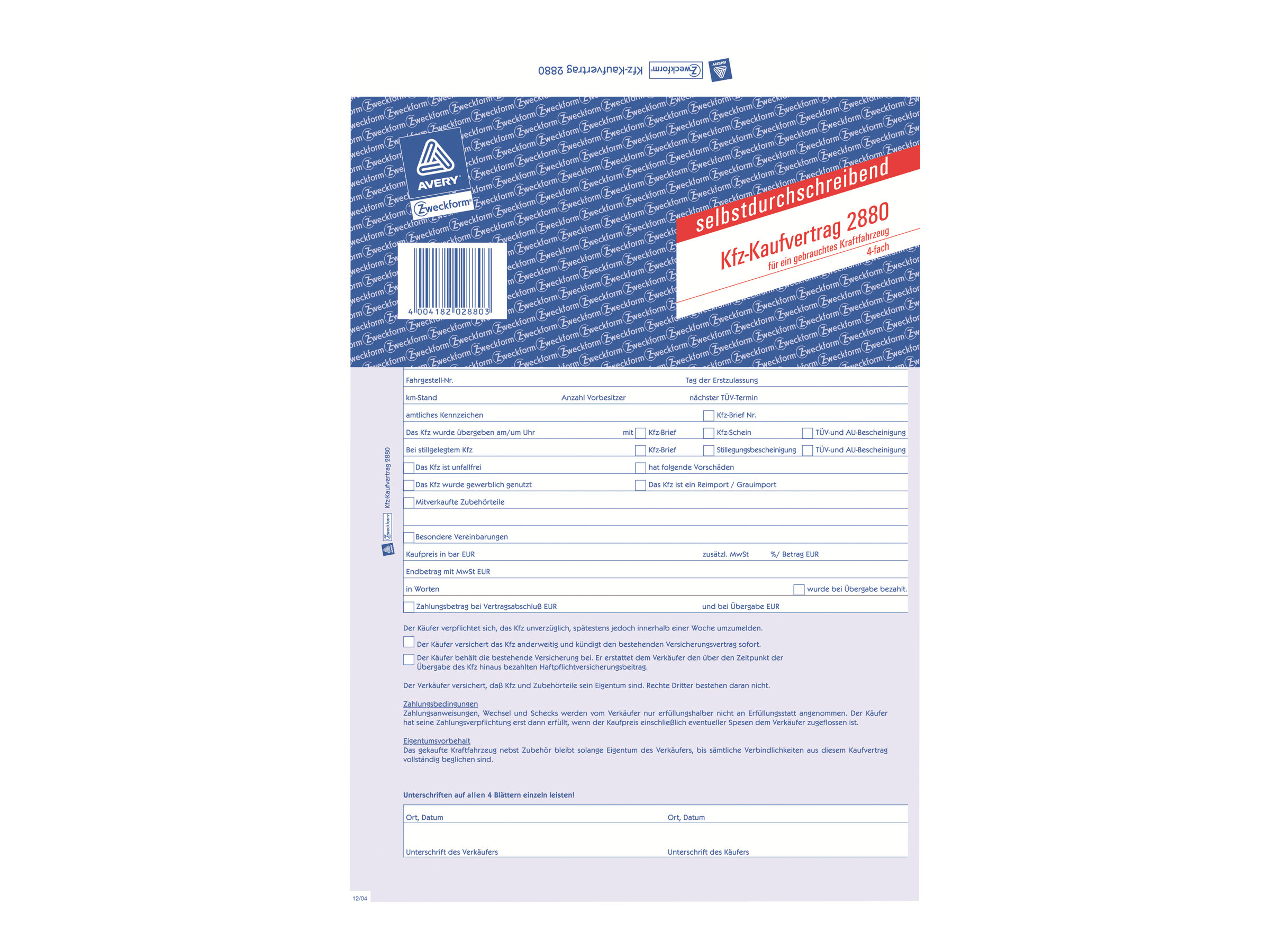 ZWECKFORM AVERY Zweckform Vordruck "Kaufvertrag für KFZ", 4- fach, A4 - für den