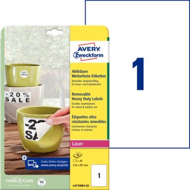 ZWECKFORM AVERY wetterfeste Etiketten, 210 x 297 mm wiederablösbar, strapazierf
