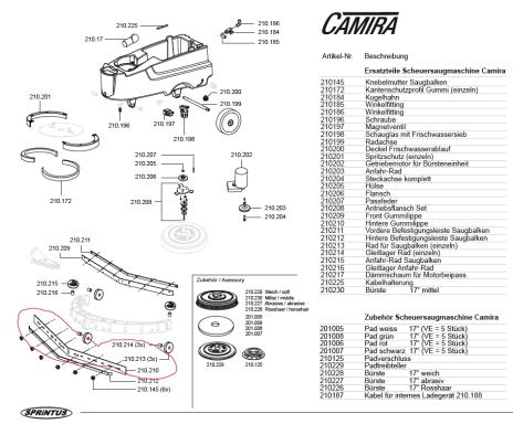 Zubehör/Ersatzteil: Gummilippe hinten für Camira Scheuersaugmaschine | Hinten 210210 <br>passend für Sprintus Camira (69241) Zubehör/Ersatzteil: Gummilippe hinten für Camira Scheuersaugmaschine | Hinten 210210 <br>passend für Sprintus Camira (69241)