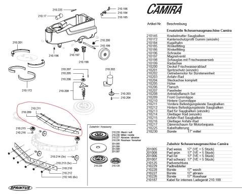 Zubehör/Ersatzteil: Gummilippe vorn für Camira Scheuersaugmaschine | Front 210209 <br>passend für Sprintus Camira (69241) Zubehör/Ersatzteil: Gummilippe vorn für Camira Scheuersaugmaschine | Front 210209 <br>passend für Sprintus Camira (69241)