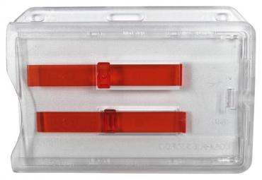 Kartenhalter / Cardholder / Namensschild, passend für 2 Karte, mit 2 Ausschiebern, mit 2 Ründlöchern und Langloch, aus Polykarbonat, Farbe: transparent/rot - 10 Stück