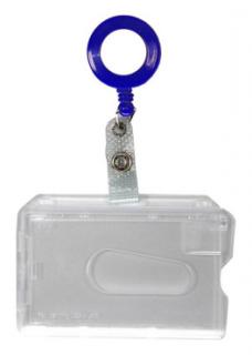 Kartenhalter / Cardholder / Namensschild, passend für 1 Karte, mit Daumenaussparung, mit Ründlöchern und Langloch, aus Polykarbonat, inkl. Jojo Ausweishalter mit Runder Form und Druckknopfschlaufe, Farbe: transparent matt/Blau - 20 Stück