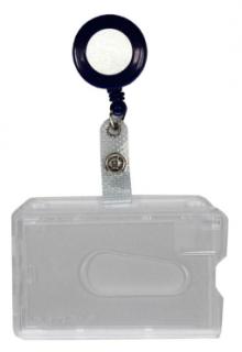 Kartenhalter / Cardholder / Namensschild, passend für 1 Karte, mit Daumenaussparung, mit Ründlöchern und Langloch, aus Polykarbonat, inkl. Jojo Ausweishalter mit Runder Form und Druckknopfschlaufe, Farbe: transparent matt/schwarz- 20 Stück