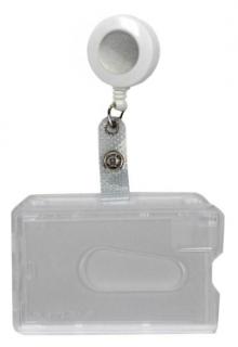 Kartenhalter / Cardholder / Namensschild, passend für 1 Karte, mit Daumenaussparung, mit Ründlöchern und Langloch, aus Polykarbonat, inkl. Jojo Ausweishalter mit Runder Form und Druckknopfschlaufe, Farbe: transparent matt/weiss- 20 Stück