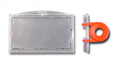 Kartenhalter / Cardholder / Namensschild, passend für 1 Karte, abschließbar mit Schlüssel, mit Langloch, aus Polykarbonat, Farbe: transparent matt/klar -10 Stück