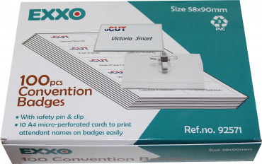 Namensschild 90 x 58 mm mm aus PVC-Hartfolie transparent mit Clip-Nadel-Kombination – 100 Stück