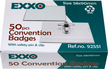 Namensschild 90 x 58 mm mm aus PVC-Hartfolie transparent mit Clip-Nadel-Kombination – 50 Stück